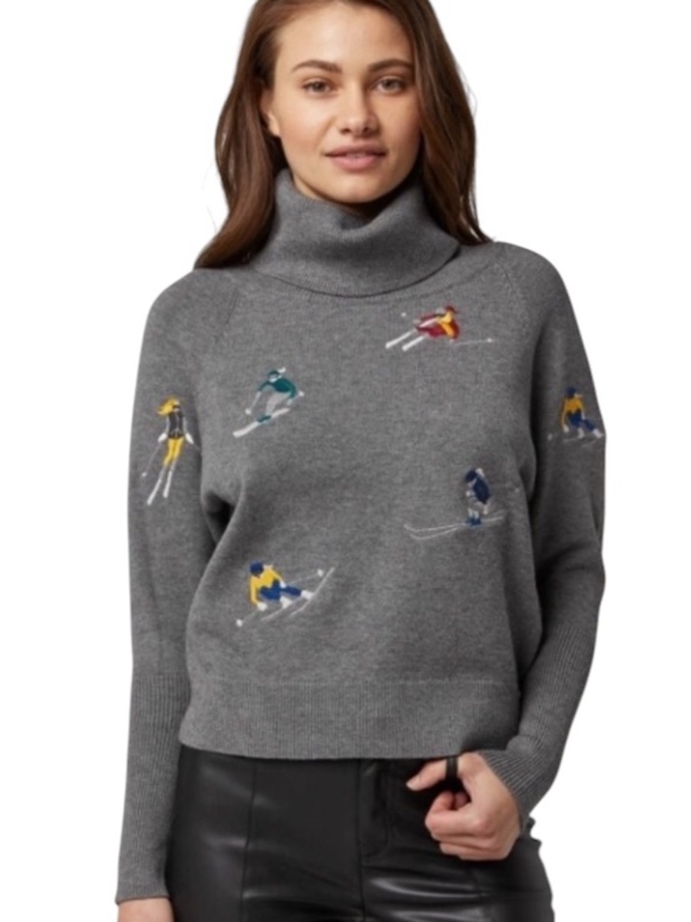 Alp N Rock Isabelle Sweater Embroidered Skiers Ski Gray Turtle Neck XL NWT